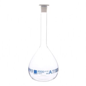 eisco volumetric flask, 2000ml - class a - borosilicate glass, polyethylene stopper, 29/32 socket - qr code marking for calibration certificate