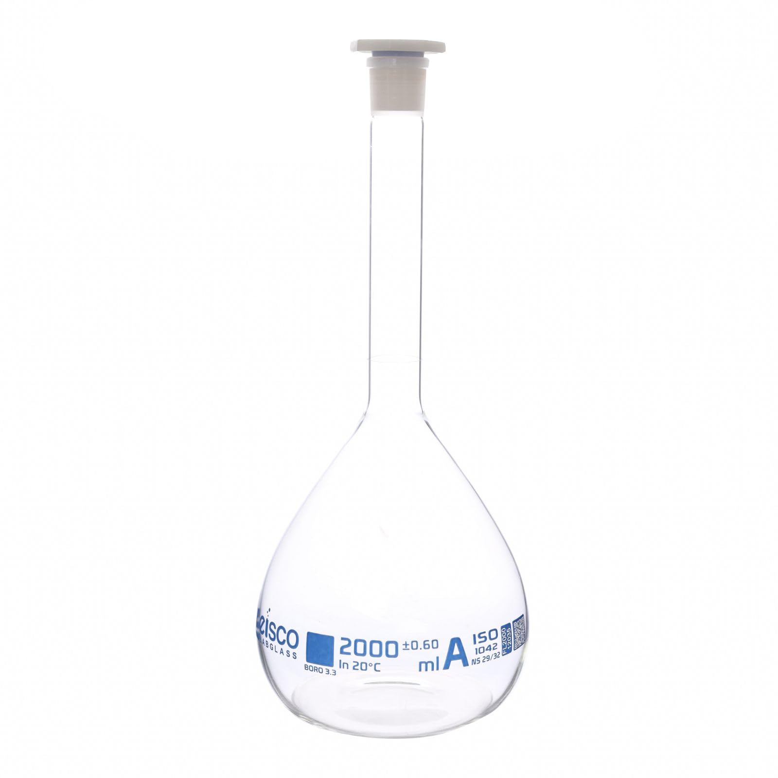 Eisco Volumetric Flask, 2000mL - Class A - Borosilicate Glass, Polyethylene Stopper, 29/32 Socket - QR Code Marking for Calibration Certificate