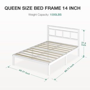 Novilla 14 Inch Queen Bed Frame with Headboard, No Box Spring Needed, Metal Platform Bed Frame Queen Size, Heavy Duty, Under Bed Storage, Easy Assembly, White