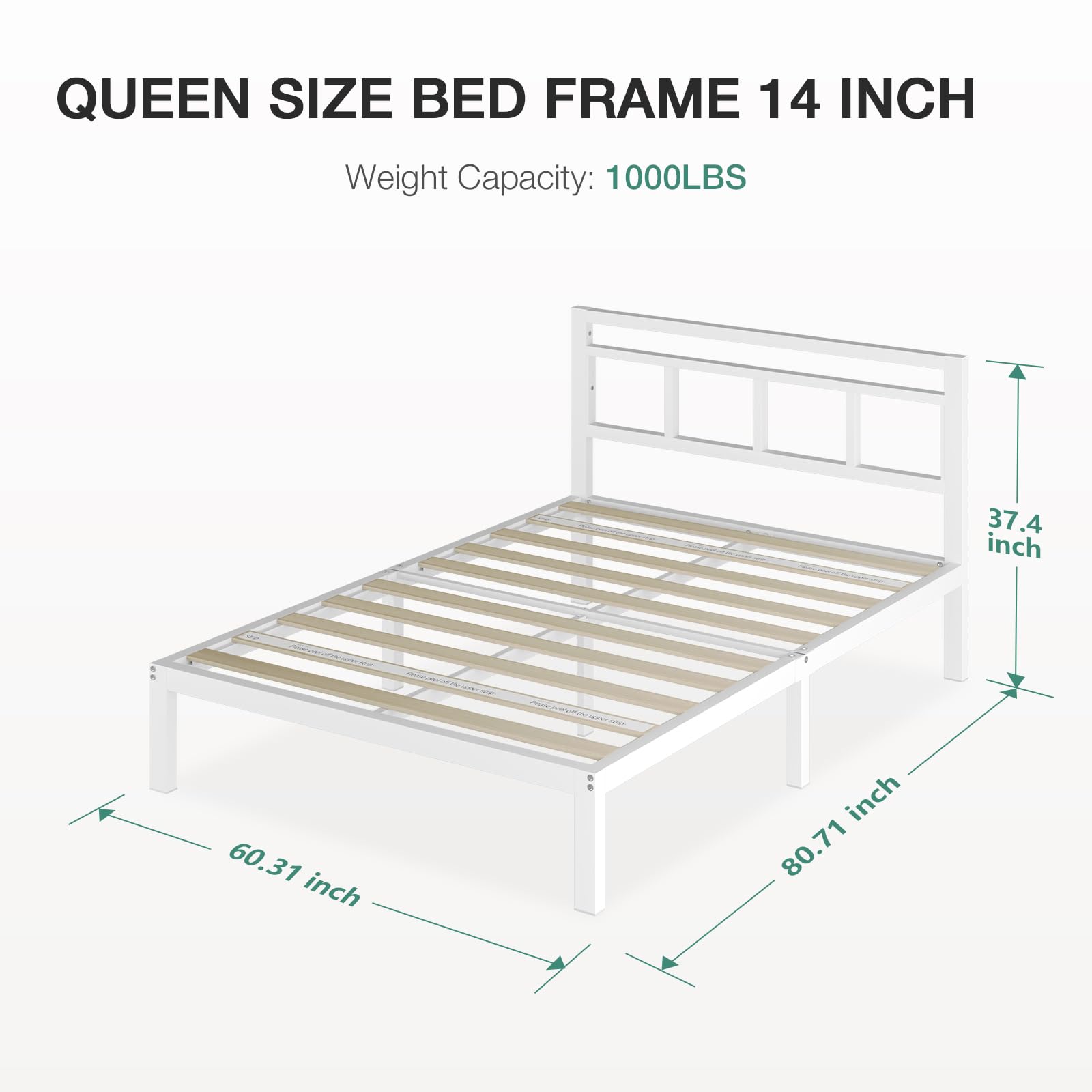 Novilla 14 Inch Queen Bed Frame with Headboard, No Box Spring Needed, Metal Platform Bed Frame Queen Size, Heavy Duty, Under Bed Storage, Easy Assembly, White