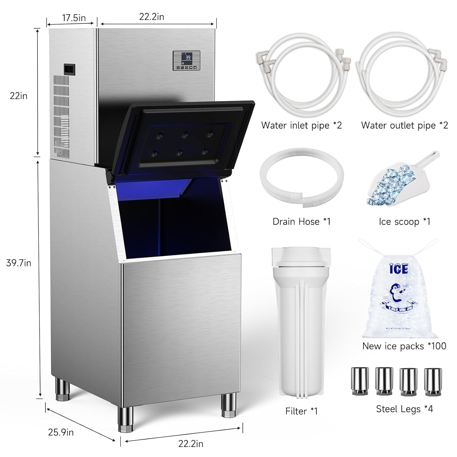 Commercial Ice Maker Machine 650lbs/24h,Large Capacity 400lbs,Industrial Nugget Icemaker with Self Cleaning Function,210 Counts Ice Ready in 4-12 Min,Clear Ice Cube for Cafe,Restaurant,Home