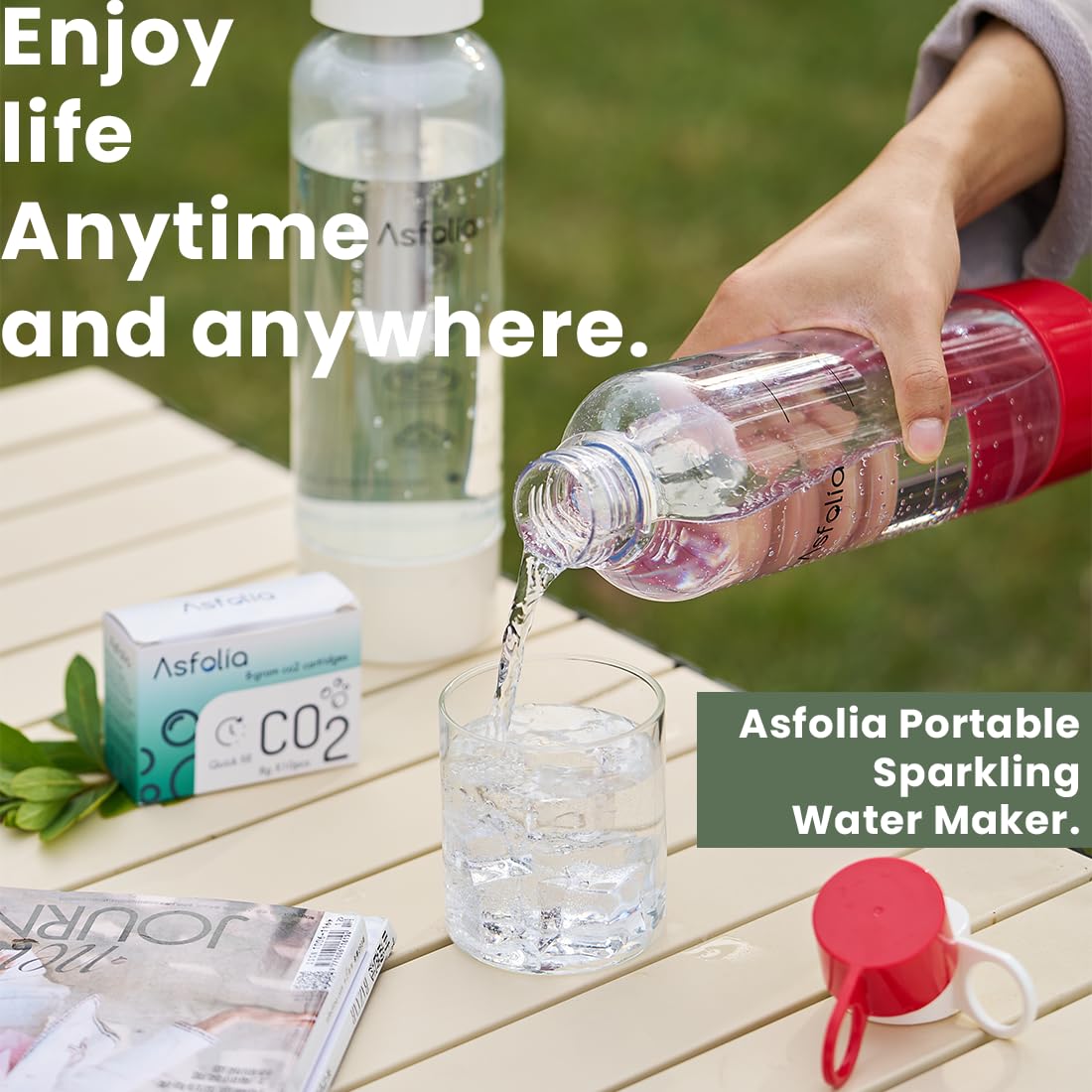 Asfolia Portable Sparkling Water Maker - Travel Soda Maker for Home & Outdoor, 1L Carbonating Bottle, 10 Pack CO2 Cylinders, Compact Carbonated Water Machine for Flavored Drinks, Soda Machine (White)