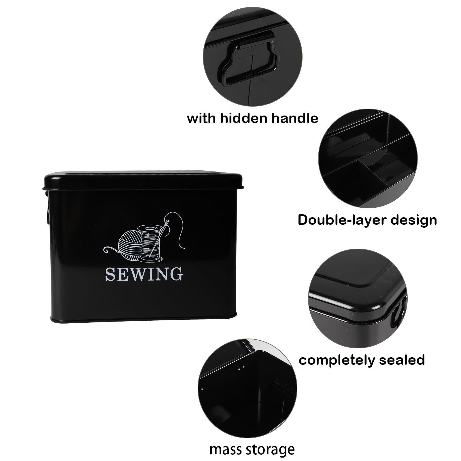 Xbopetda Metal Sewing Box, Sewing Kit Storage Box, 2-Tier Sewing Basket with Removable Tray, Sewing Supplies Organizer, Sewing Storage Box for Sewing Accessories, Scissor, Thread, Pins, Clips (Black)