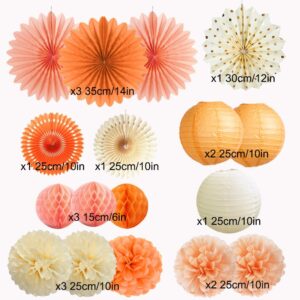 Orange Beige Peach Fall Boho Party Decorations Paper Pom Poms Paper Fans Paper Lanterns for Autumn Thanksgiving Harvest Birthday Baby Shower Bridal Shower Wedding Party Decor