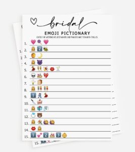 all ewired up 50 bridal shower games emoji pictionary (50-cards) fun wedding game activity, decorations, engagement party, rehearsal dinner, minimalist script