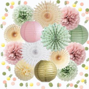 sage green and pink party decorations sage blush pink baby shower decorations paper pom poms paper fans green pink confetti dots scatter table decoration for sage blush birthday wedding party decor