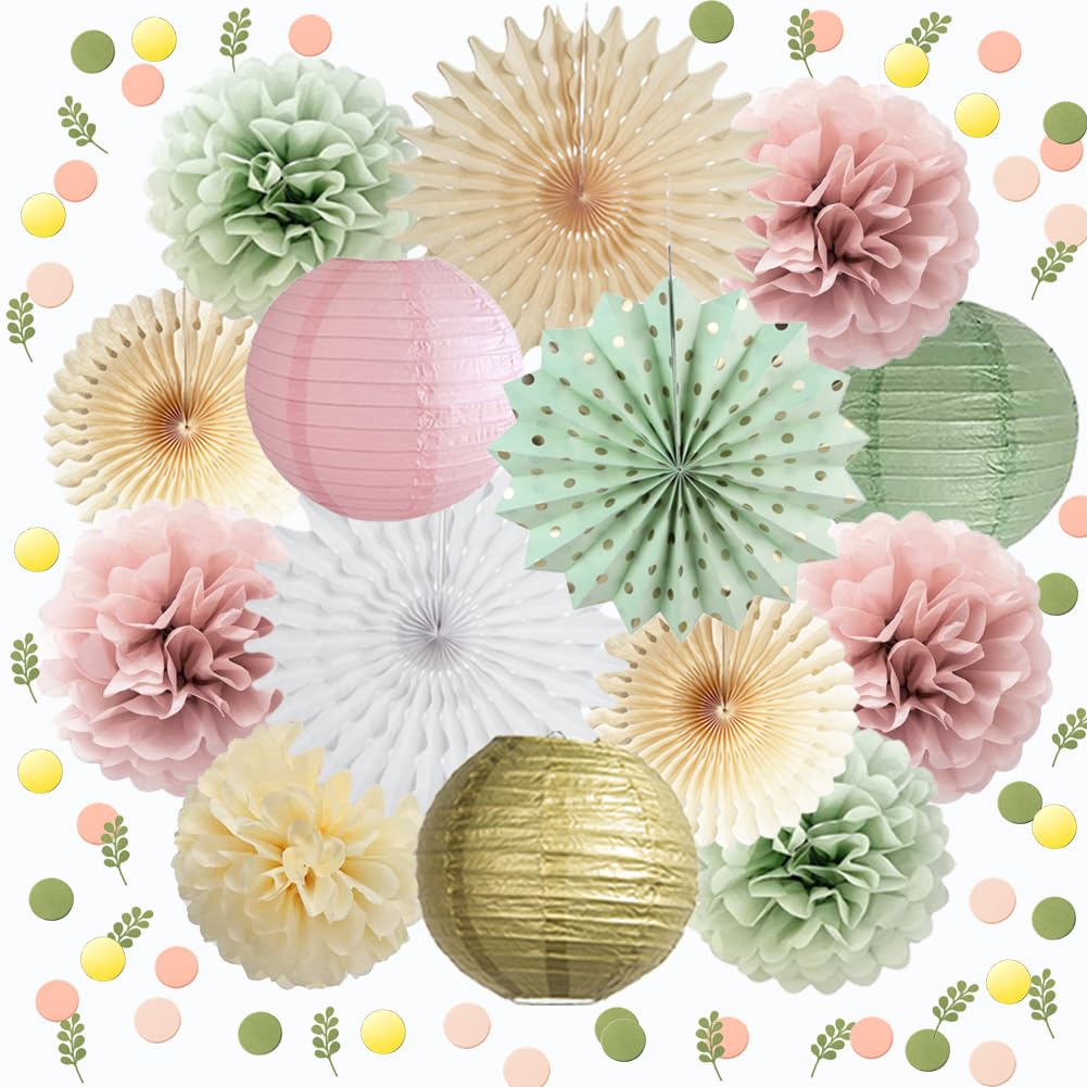 Sage Green and Pink Party Decorations Sage Blush Pink Baby Shower Decorations Paper Pom Poms Paper Fans Green Pink Confetti Dots Scatter Table Decoration for Sage Blush Birthday Wedding Party Decor