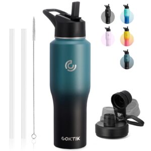 coktik water bottle insulated, 32 oz water bottles straw lid, spout lid, cold for 36 hrs, hot for 18 hrs, cup holder friendly leakproof(indigo crush)