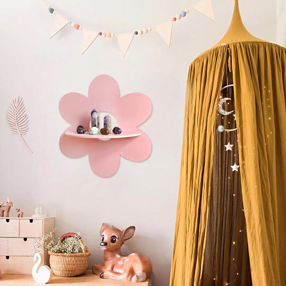 JruiZhp Daisy Flower Floating Shelf Boho Daisy Wall Shelves, 1Pcs 10.6 Inch Large Kawaii Cute Wood Wall Decor Display Shelf for Baby Nursery Living Room Bathroom Bedroom (Pink)