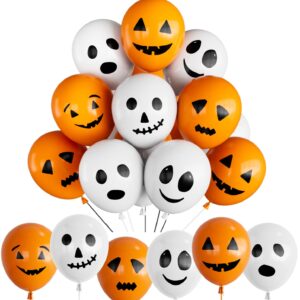 Adeyoo Halloween Balloons,60Pcs Ghost Balloons Scary Pumpkin Balloons 12 Inches Latex Balloons Orange and White Balloons 6 Styles Spooky Balloons for Halloween Theme Birthday Party Decorations