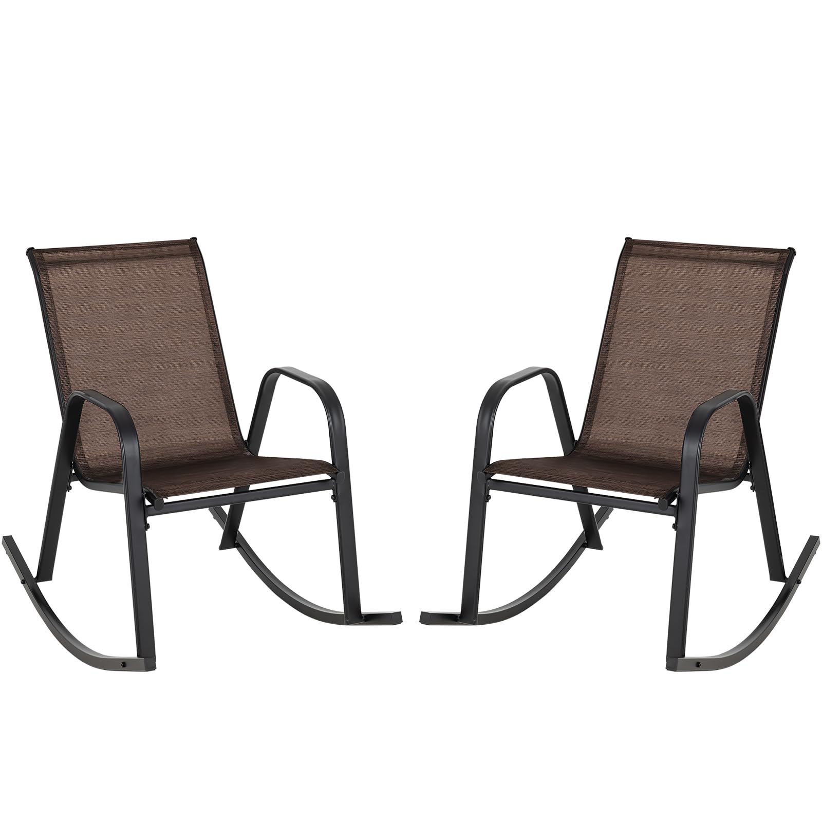 Tangkula Patio Rocking Chair Set of 2, Outdoor Ergonomic Rockers with Breathable Fabric Seat, Gentle Rocking Function, Sturdy Metal Rocker for Front Porch, Backyard, Garden (1, Dark Brown)