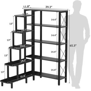 PONROL Corner Bookshelf Bookcase, Large Reversible 5 Tier Ladder Shelves Storage Display Rack with Metal Frame, Industrial Home Office Furniture for Living Room Bedroom, Black