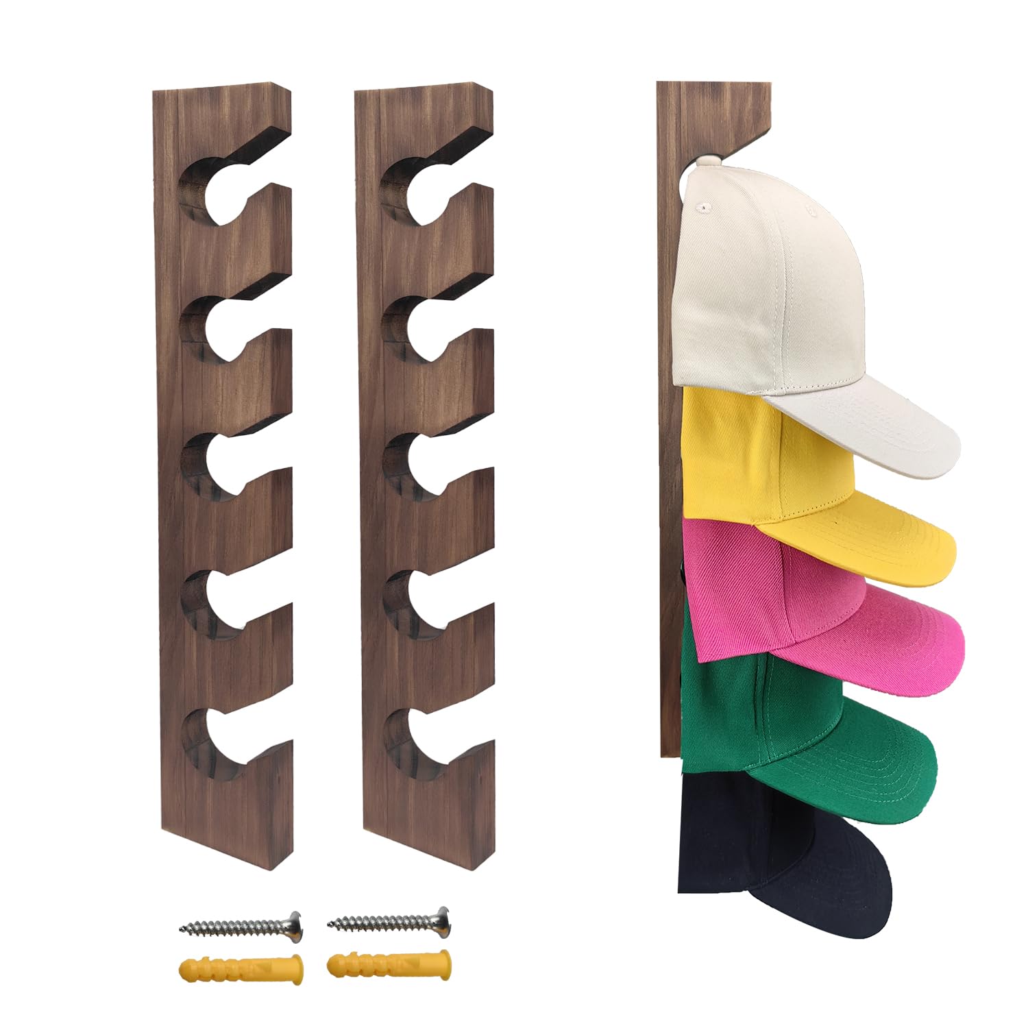 Vavili 2 PCS Hat Rack for Baseball Caps, Wooden Hat Holder Wall-Mounted Caps Display, 5 Hook Wall Mounted Baseball Hat Rack (Brown)