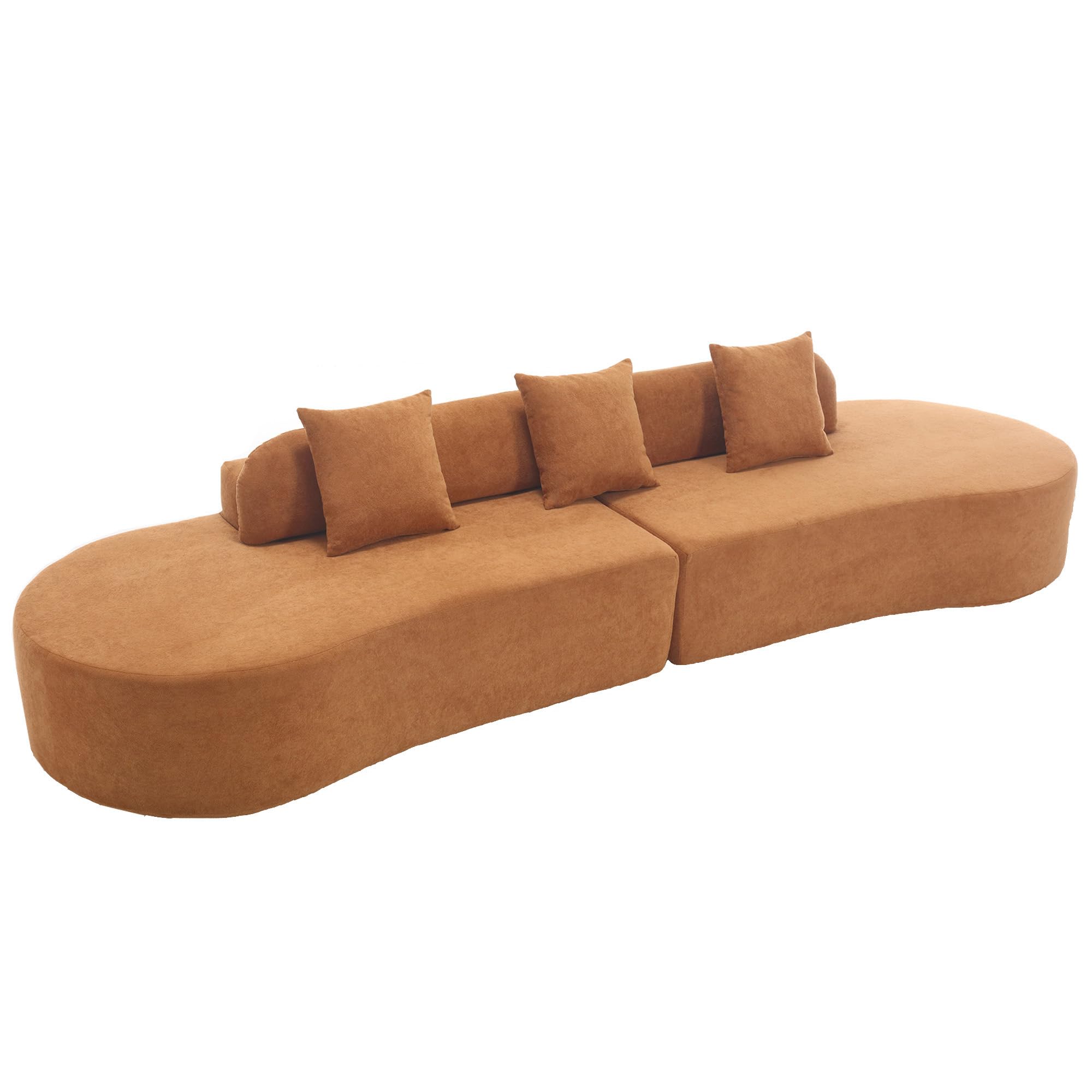 Modern curved sectional sofa - terrycloth fabric sofa, lounge sofa in living room, apartment, no assembly required, three pillows (Brown)