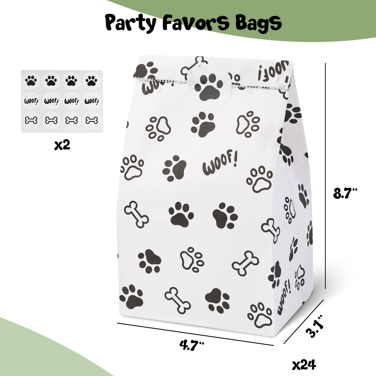 VGOODALL 24PCS Paw Print Treat Bags, 4.7"x 3.1"x 8.7" Puppy Dog Paw Print Gift Bags Black White Dog Paw Party Favors Bags for Girl Boy Baby Shower Birthday Party