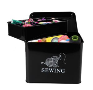 xbopetda metal sewing box, sewing kit storage box, 2-tier sewing basket with removable tray, sewing supplies organizer, sewing storage box for sewing accessories, scissor, thread, pins, clips (black)