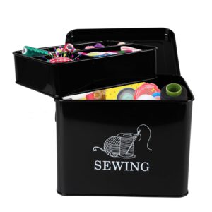 Xbopetda Metal Sewing Box, Sewing Kit Storage Box, 2-Tier Sewing Basket with Removable Tray, Sewing Supplies Organizer, Sewing Storage Box for Sewing Accessories, Scissor, Thread, Pins, Clips (Black)