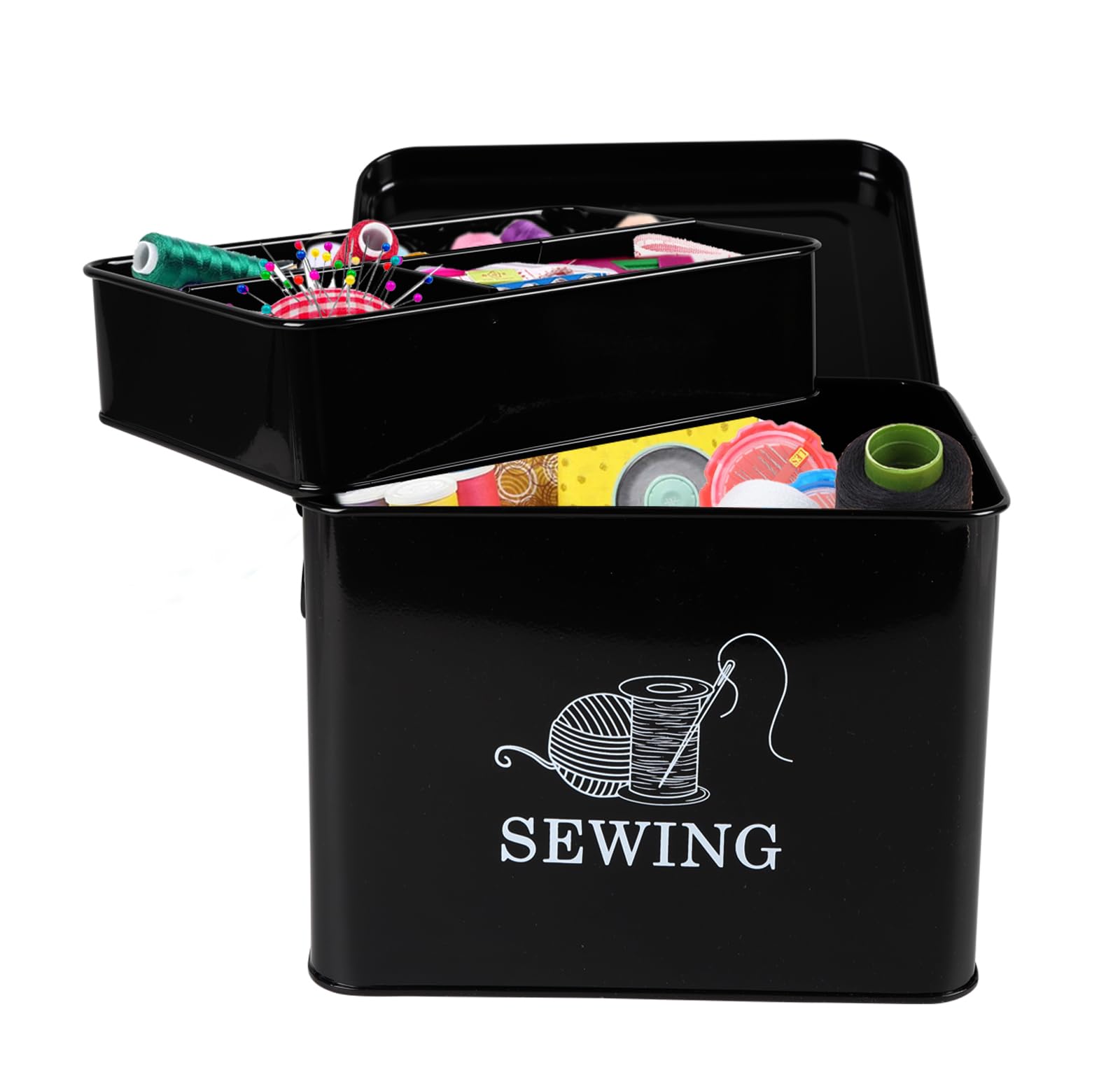 Xbopetda Metal Sewing Box, Sewing Kit Storage Box, 2-Tier Sewing Basket with Removable Tray, Sewing Supplies Organizer, Sewing Storage Box for Sewing Accessories, Scissor, Thread, Pins, Clips (Black)