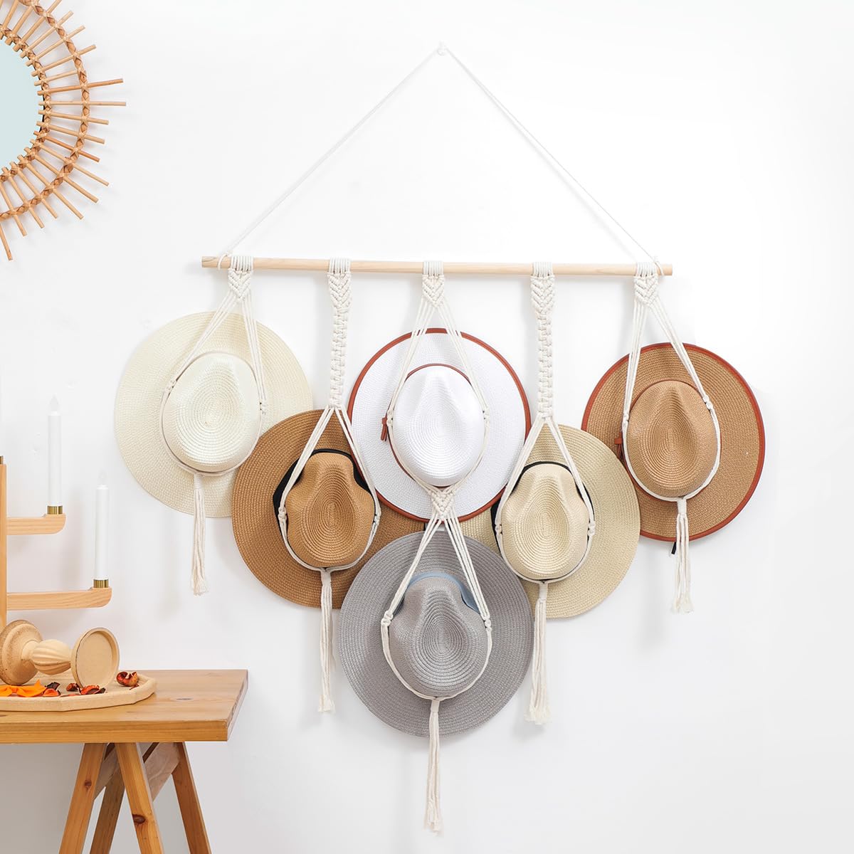 Pushaccas Macrame Hat Hangers for Wall - Boho Hats Rack Cowgirl Hat Holder on Wall, Western Bedroom Decor Hat Display Country Room Decor Gift for Women, 100% Natural Cotton, 41x31inch