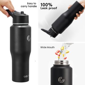 COKTIK Water Bottle Insulated, 32oz Water Bottles Straw Lid, Spout Lid, Cold for 36 Hrs, Hot for 18 Hrs, Cup Holder Friendly Leakproof (Black)