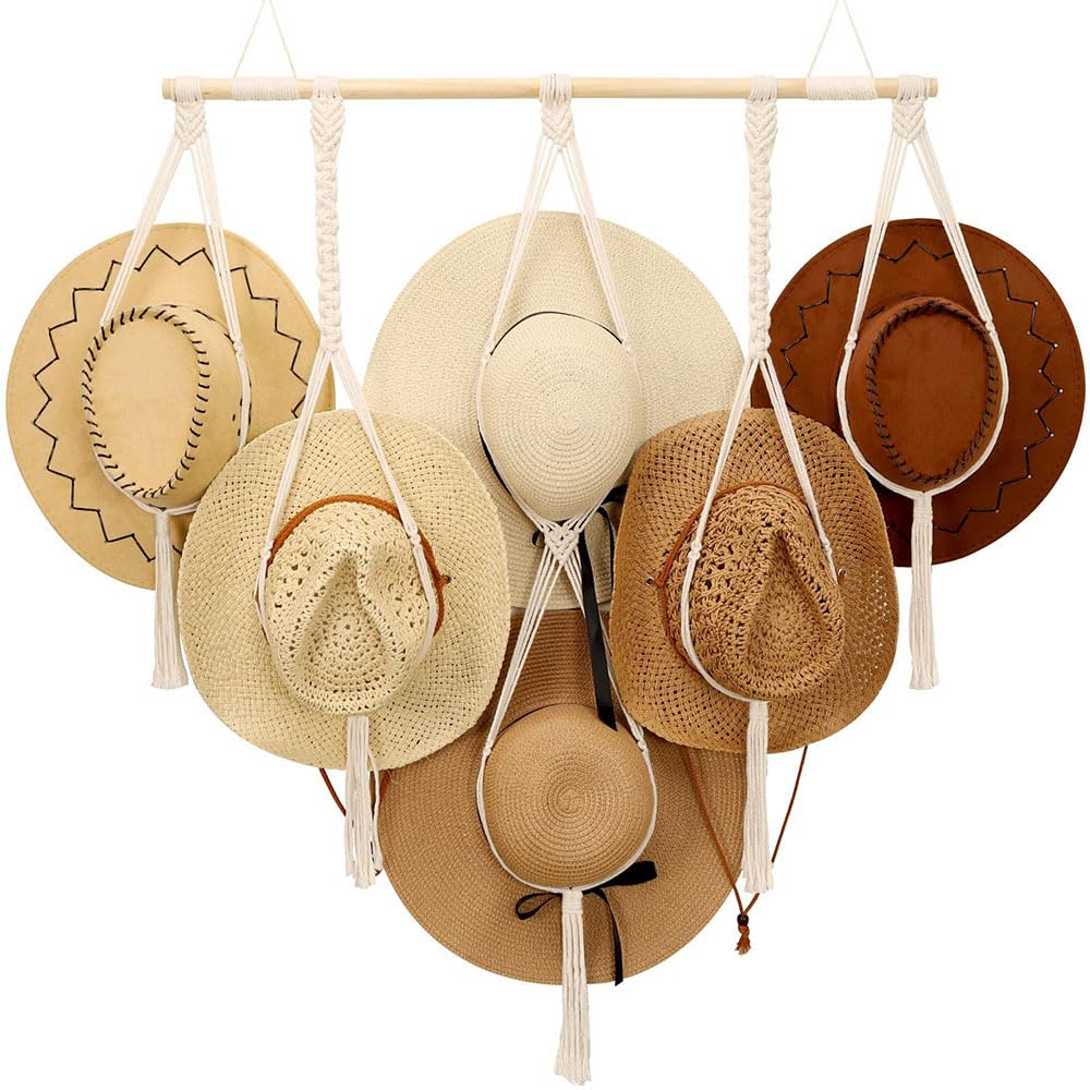 Pushaccas Macrame Hat Hangers for Wall - Boho Hats Rack Cowgirl Hat Holder on Wall, Western Bedroom Decor Hat Display Country Room Decor Gift for Women, 100% Natural Cotton, 41x31inch