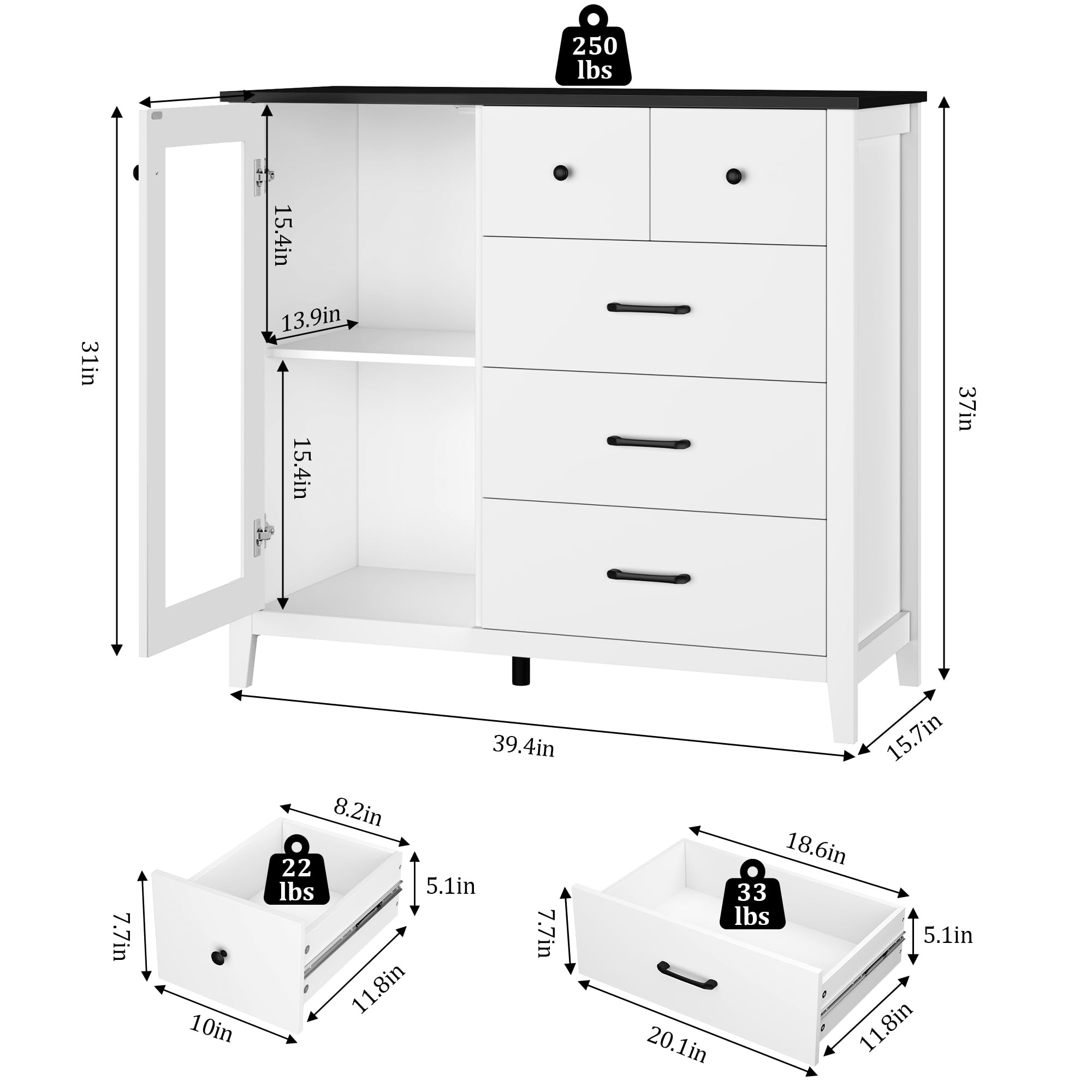 HOSTACK 5 Drawer Dresser with Glass Door, White Dresser for Bedroom, Modern Chest of Drawers with Shelves, Tall Dresser Wood Storage Cabinet for Bedroom, Living Room, White/Black