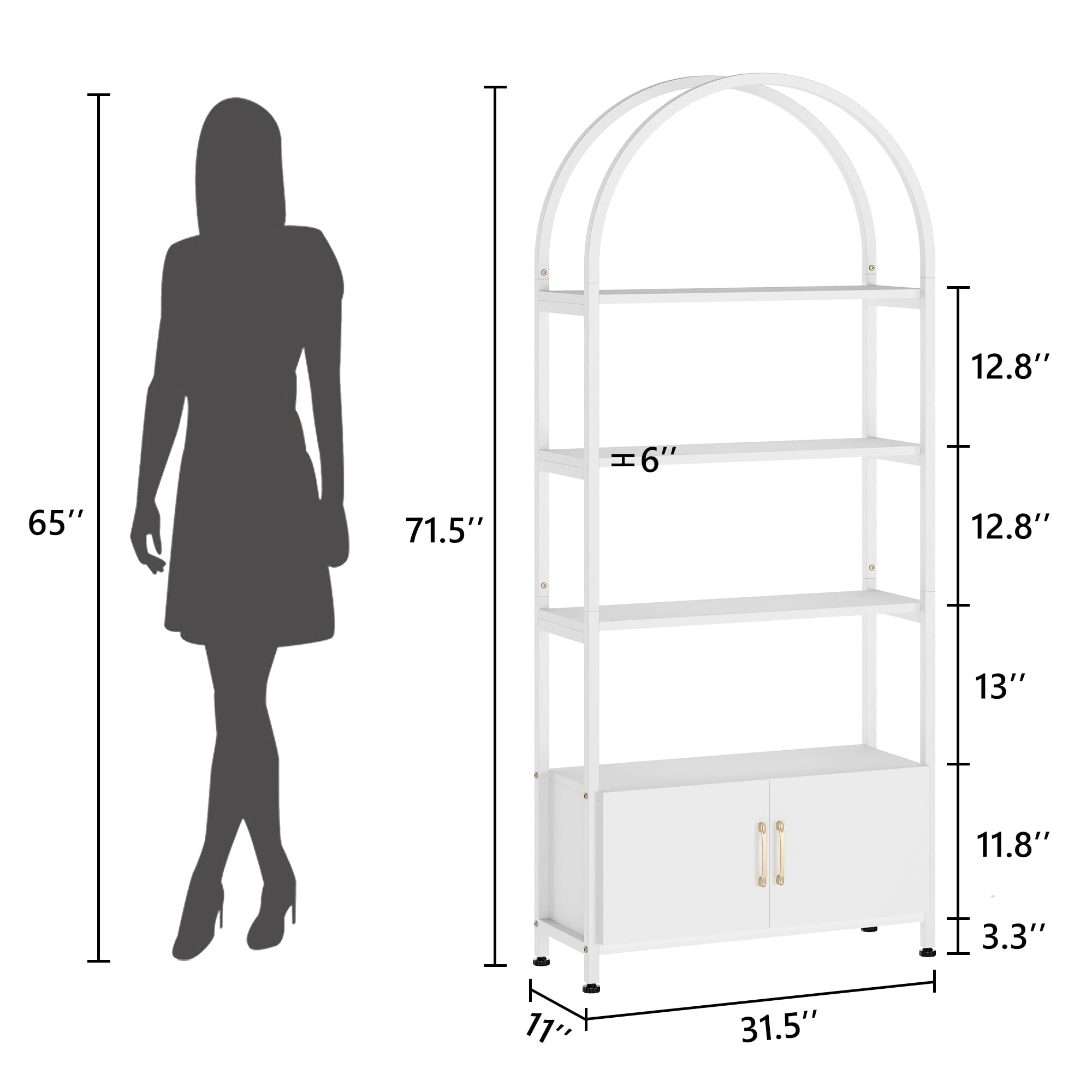 71.5" Tall Arched Bookshelf, 4-Tier Arched Bookcase with Doors Storage, Industrial Book Shelf with Sturdy Metal Frame and Shelves, Accent Cabinet with Storage for Living Room, Home Office, White