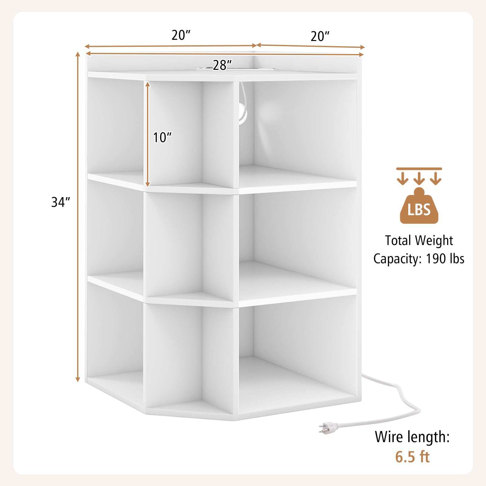 Giantex 3-Tier Corner Cabinet with Charging Station, Corner Shelf with 9 Cubbies, 2 USB Ports & 4 Outlets, Cube Bookshelf, Storage Organizer for Small Spaces, Playroom, Living Room (White)