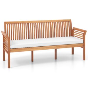 tangkula patio 3-seat wood bench, 62.5 inches long acacia bench with soft seat cushions, ergonomic backrest & armrests, outdoor bench seat for balcony, porch, garden (off white)