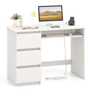 giantex white computer desk with power outlet, modern office desk with keyboard tray & 3 large drawers, 42" writing desk vanity table with type-c & usb ports for bedroom, white