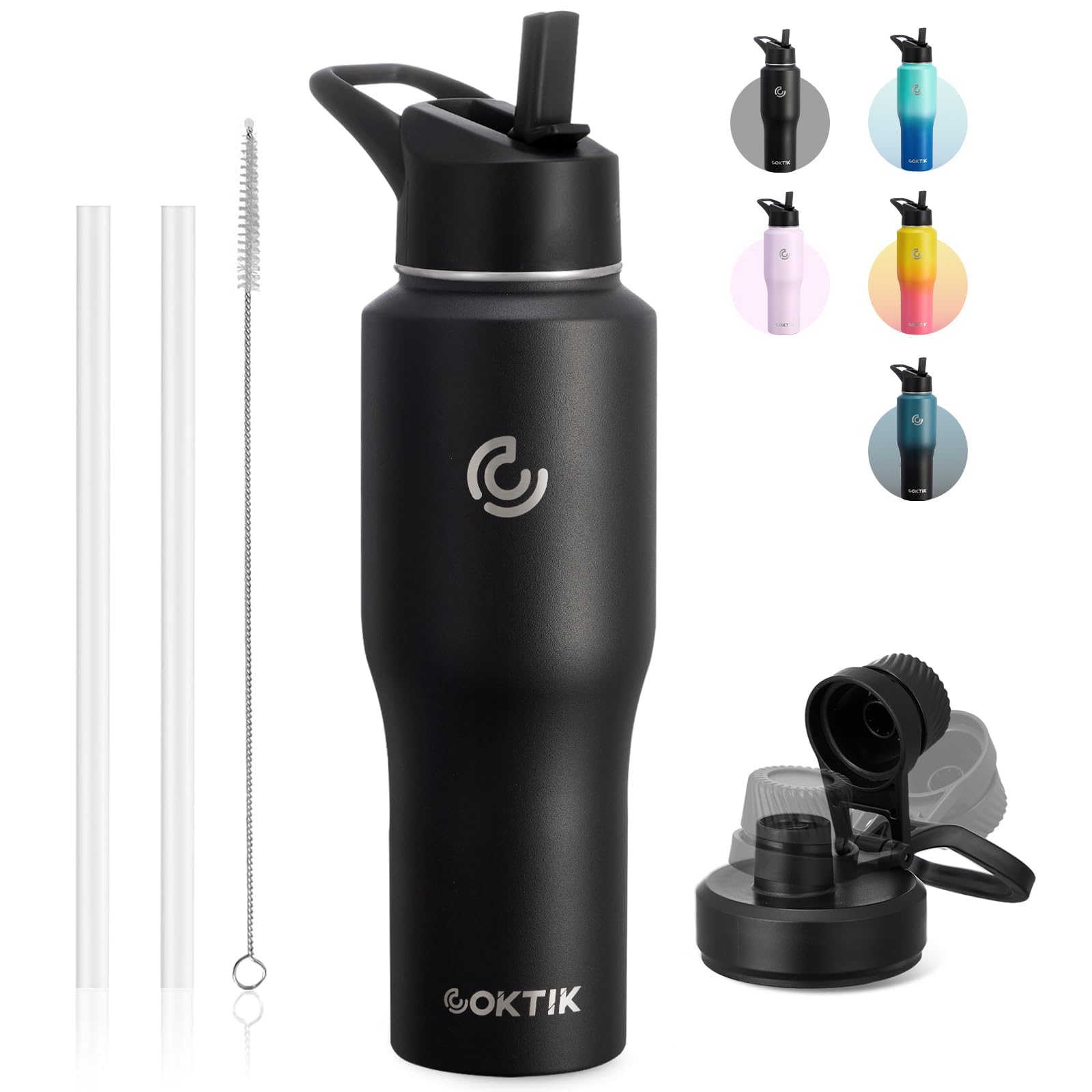 COKTIK Water Bottle Insulated, 32oz Water Bottles Straw Lid, Spout Lid, Cold for 36 Hrs, Hot for 18 Hrs, Cup Holder Friendly Leakproof (Black)