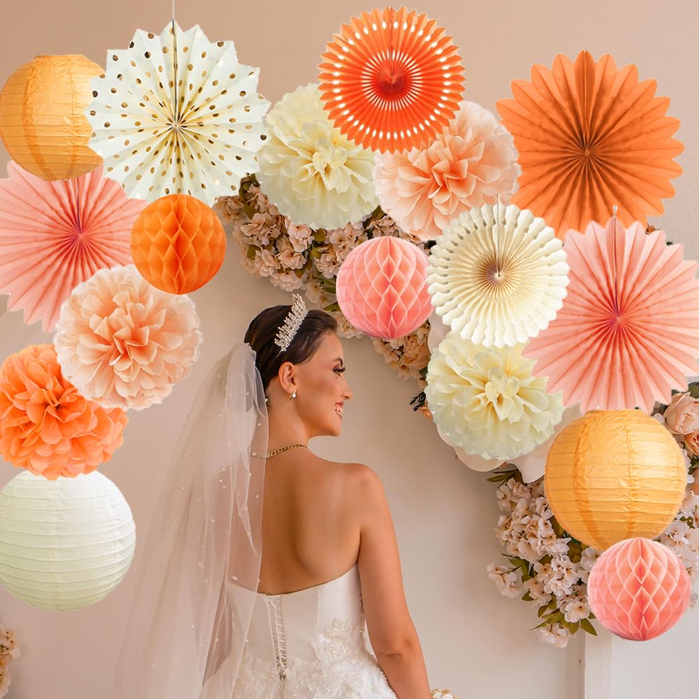 Orange Beige Peach Fall Boho Party Decorations Paper Pom Poms Paper Fans Paper Lanterns for Autumn Thanksgiving Harvest Birthday Baby Shower Bridal Shower Wedding Party Decor