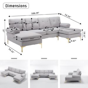 RXRRXY Modern 106'' U Shaped Sectional Couch, Oversized 4 Seater Sofa with Double Chaise, Sleeper Sofa with Chenille Fabric and Sturdy Metal Legs for Bedroom, Living Room, Apartment (Gray)