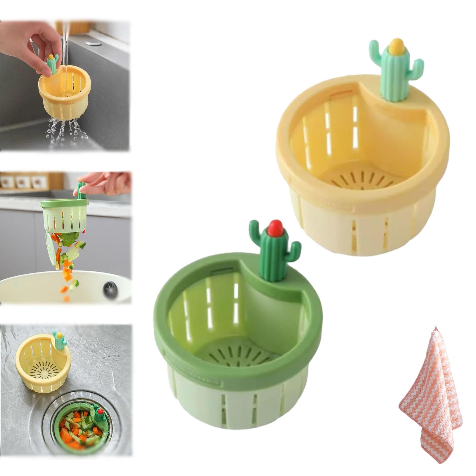 Cactus Kitchen Sink Drain Strainer - Press Automatic Dumping Basket,Multi-Functional Cactus Sink Draining Basket,for Kitchen Sinks, Bathtubs, and Showers (2pcs /green+yellow)