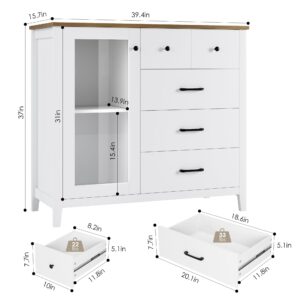 HOSTACK 5 Drawer Dresser with Glass Door, White Dresser for Bedroom, Modern Chest of Drawers with Shelves, Tall Dresser Wood Storage Cabinet for Bedroom, Living Room, White/Rustic Brown