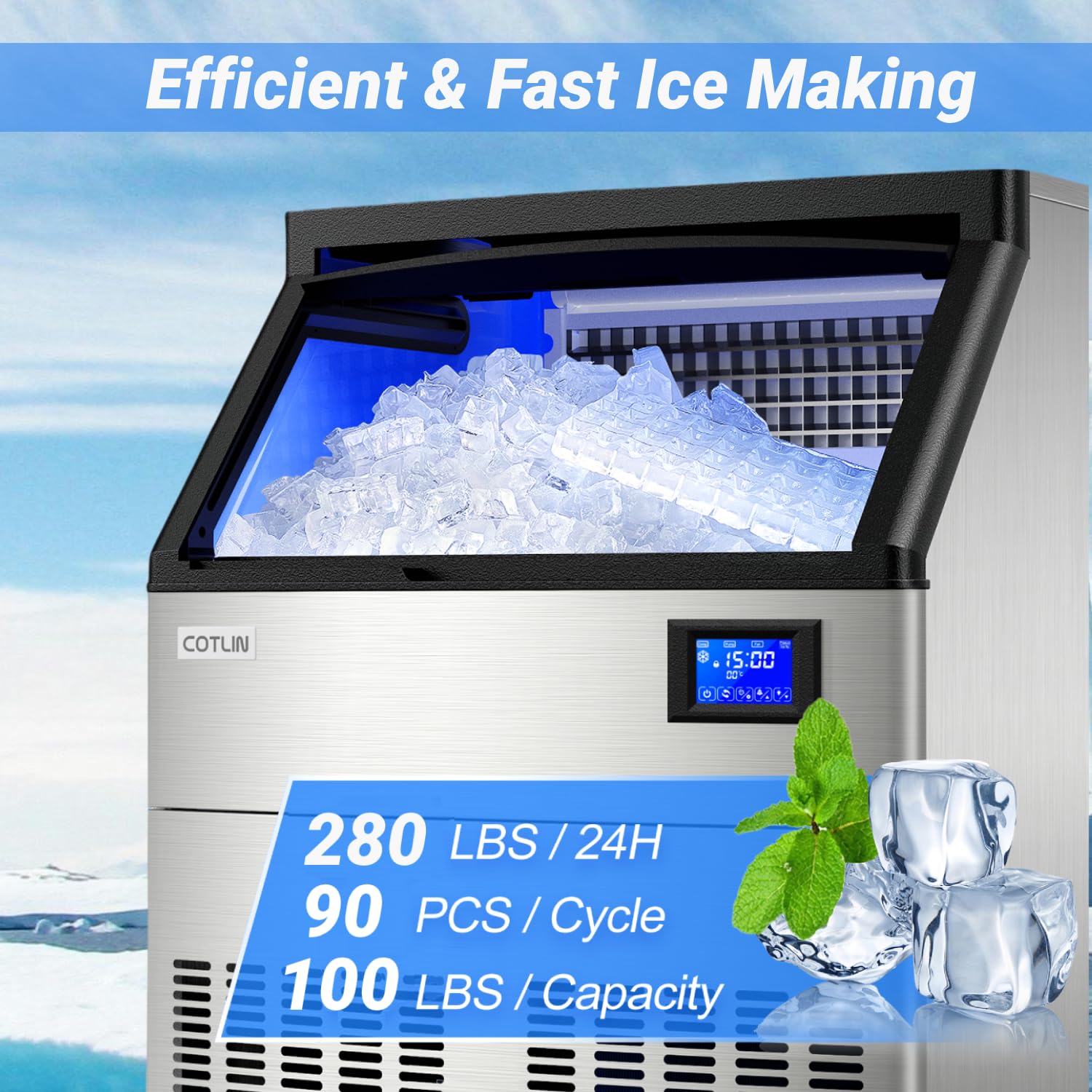 Commercial Ice Maker Machine 280Lbs/24H with 100Lbs Storage, 26" Undercounter Ice Maker, Stainless Steel, Powerful Compressor, Freestanding Cube Ice Machine for Bar/Restaurant/Home