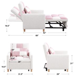 YESER Sleeper Sofa Bed, Lounge Sofa Bed Couch 3-in-1, Teddy Fabric Pull Out Sofa Bed, Convertible Sofa Bed Sleeper Chair with Pillow, Home Sofa Living Room Recliner Sofa Couch, Sofa Cama, Pink