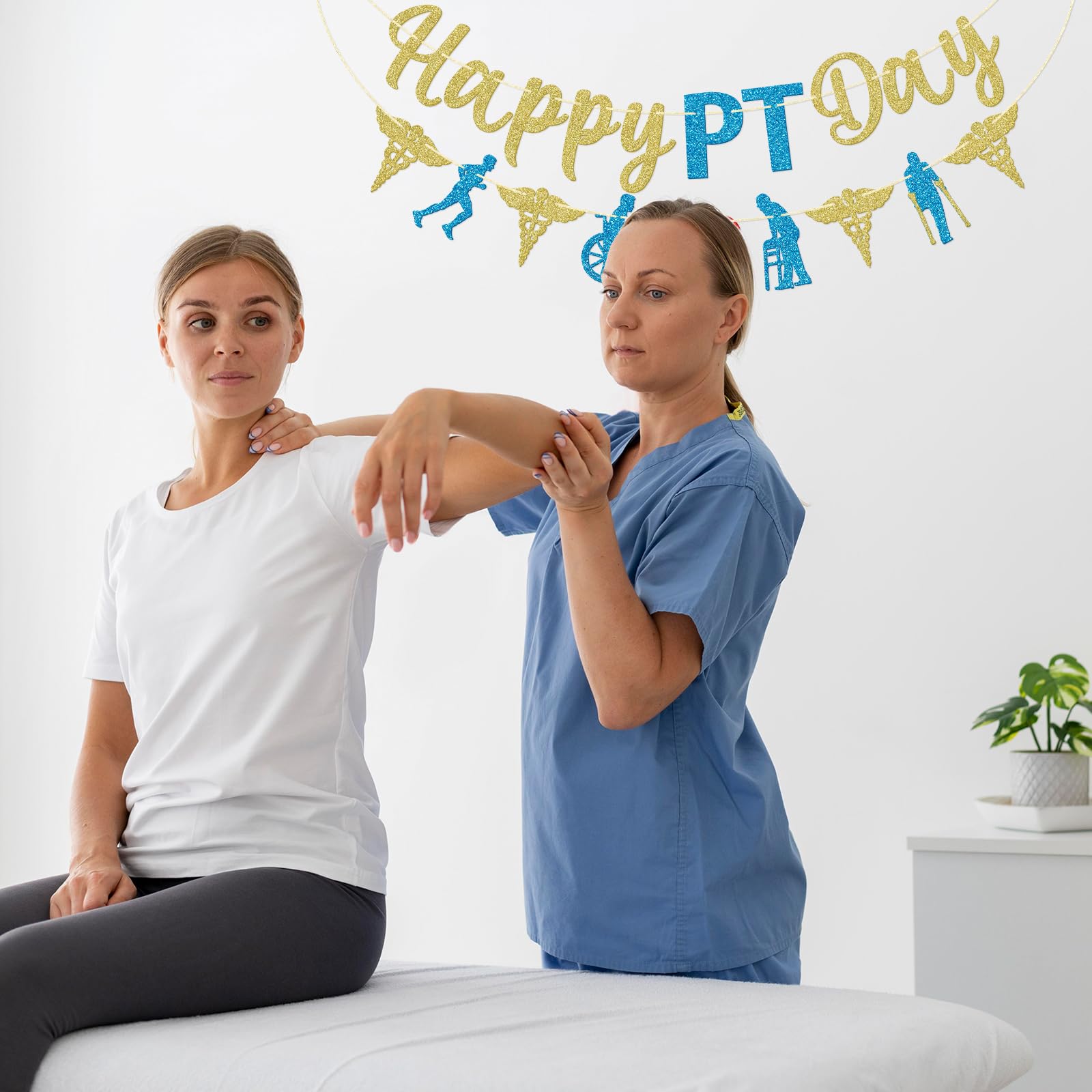 Qttier Happy PT Day Banner, Physical Therapist Day Banner, Physical Therapist Appreciation Party Decor, Happy PT Day Sign, Gold ＆ Blue Glitter