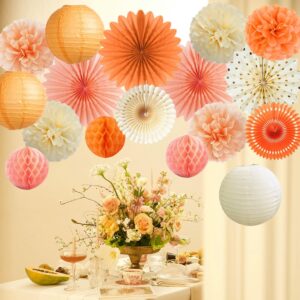 Orange Beige Peach Fall Boho Party Decorations Paper Pom Poms Paper Fans Paper Lanterns for Autumn Thanksgiving Harvest Birthday Baby Shower Bridal Shower Wedding Party Decor