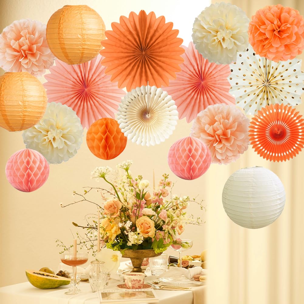 Orange Beige Peach Fall Boho Party Decorations Paper Pom Poms Paper Fans Paper Lanterns for Autumn Thanksgiving Harvest Birthday Baby Shower Bridal Shower Wedding Party Decor