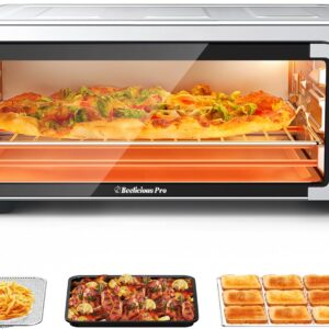 Beelicous Pro 19QT Digital 8-in-1 Air Fryer Toaster Oven, 550°F Flavor-Lock Tech, Flip Up & Away Capability, 40+ Recipes, Airfryer Countertop Oven Combo, 4 Accessories, Fit 13" Pizza, Stainless Steel