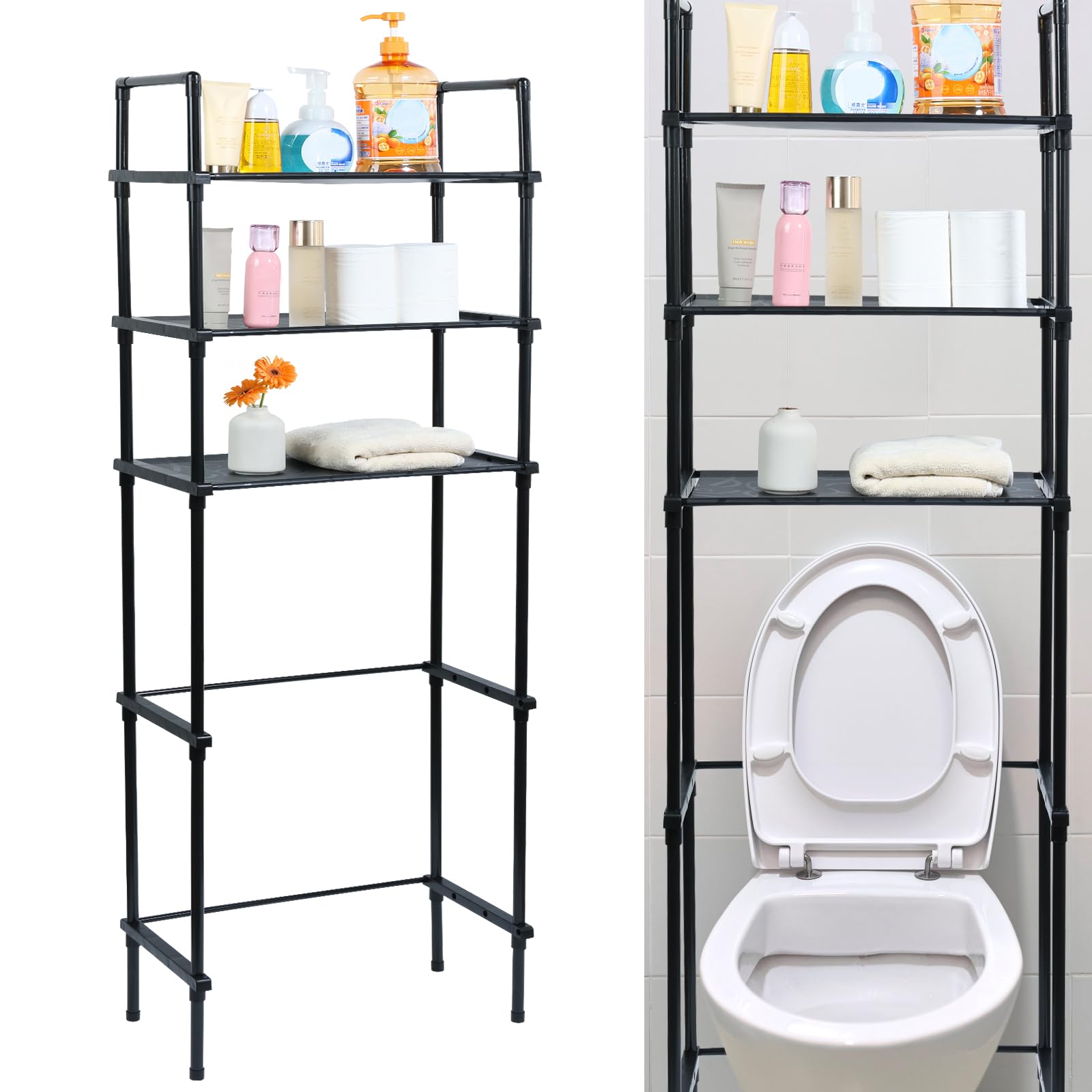 PTMTFYL Over The Toilet Storage Shelf, 3 Tier Storage Cabinet Over Toilet, Behind Toilet Shelf, Above Toilet Storage Rack, Bathroom Organizer Freestanding Toilet Shelf Space Saver (Black)