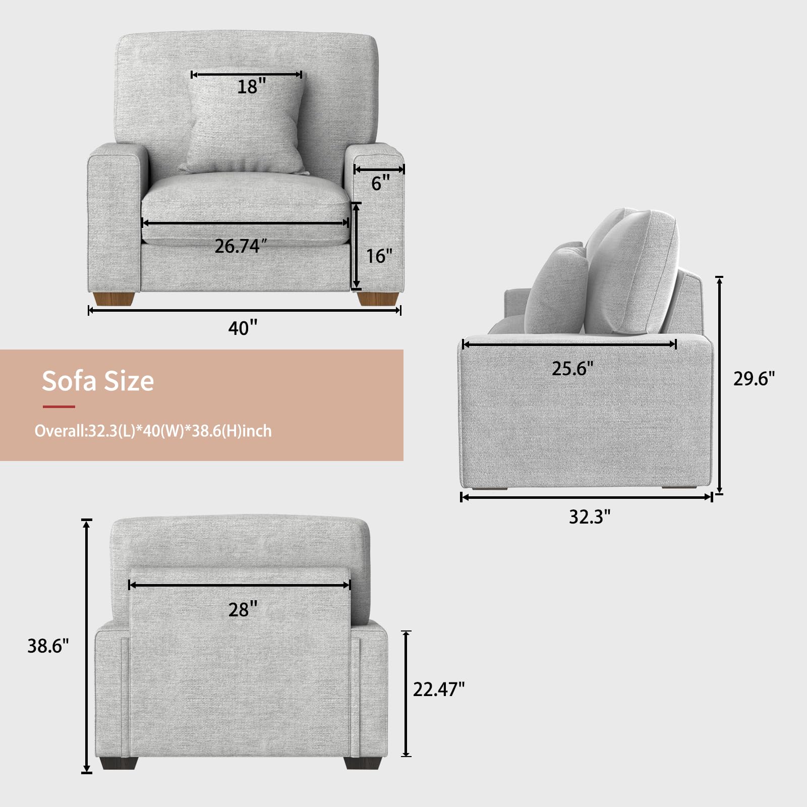 DOPEDIO Living Room Accent Chair, Fabric Single Sofa,Detachable Sofa Cover, Comes with Decorative Pillows, Space Spring Cushion and Solid Wood Frame Easy to Install (40inch Light Gray)