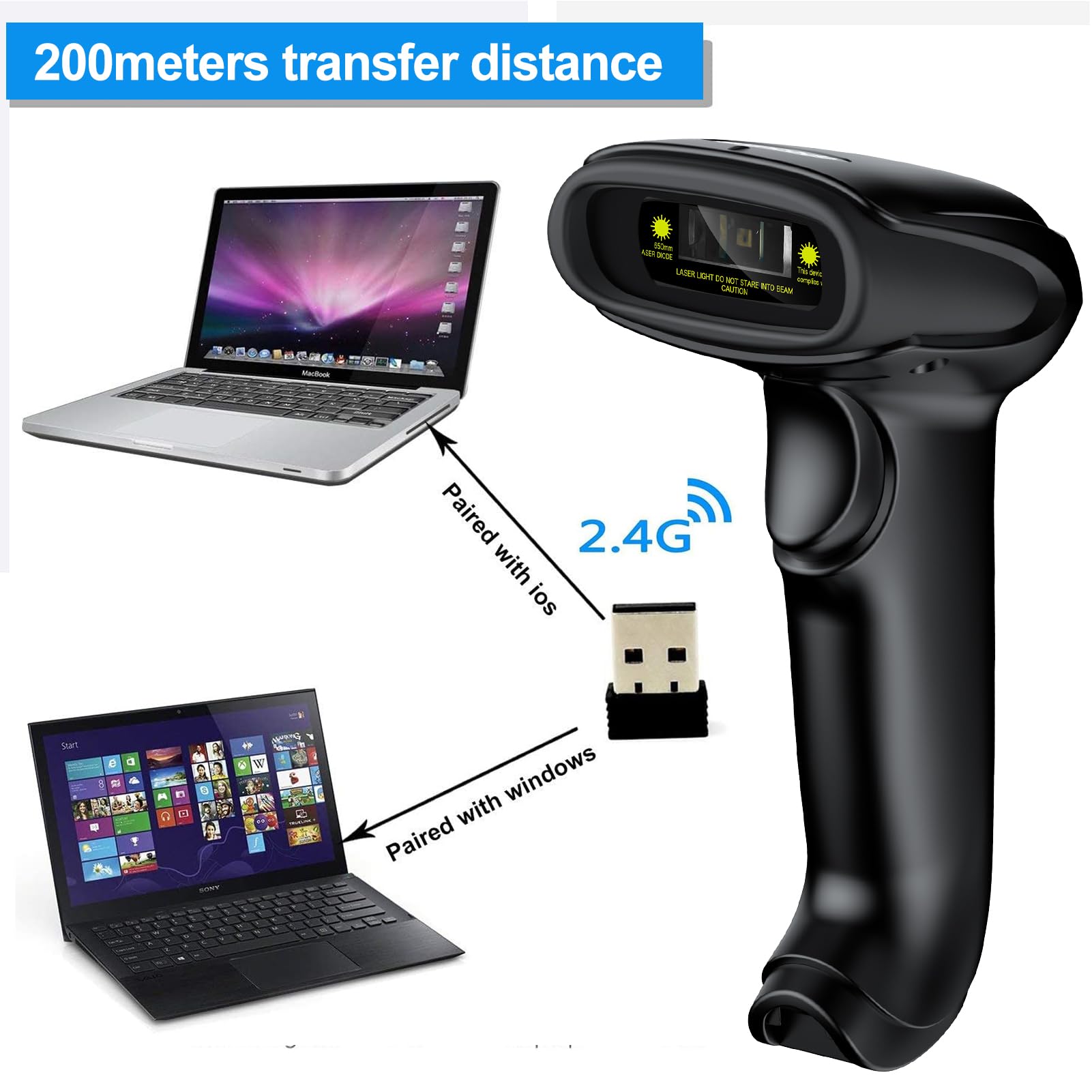 Symcode Wireless Barcode Scanner Versatile 2-in-1 (2.4Ghz Wireless+USB 2.0 Wired) Handheld Automatic 1D Laser Barcode Scanner 328 Feet Transmission Distance Rechargeable 1D Laser Bar Code Scanner