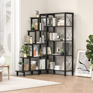 PONROL Corner Bookshelf Bookcase, Large Reversible 5 Tier Ladder Shelves Storage Display Rack with Metal Frame, Industrial Home Office Furniture for Living Room Bedroom, Black