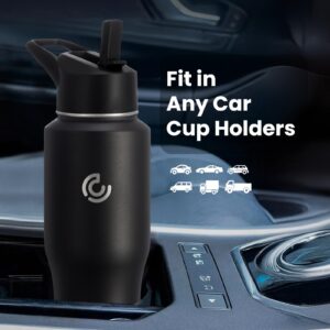 COKTIK Water Bottle Insulated, 32oz Water Bottles Straw Lid, Spout Lid, Cold for 36 Hrs, Hot for 18 Hrs, Cup Holder Friendly Leakproof (Black)