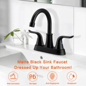 Bathroom Faucet for 3 Hole, Homikit 4 Inch 2-Handle Bathroom Sink Faucet, Matte Black Bathroom Faucets for Sink Vanity RV Lavatory, Stainless Steel Faucet for Bathroom Sink with Drain & Hoses & Hooks