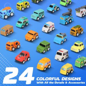 YiHee 24 Pieces Pull Back Cars Toy Vehicles Set, Mini Toys City Cars and Trucks, Variety of Vehicles and Figures, Small Car with Storage Bag, Party Favors Bulk Birthday Gift for Boys Girls Kids