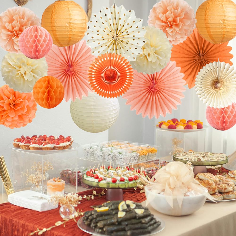 Orange Beige Peach Fall Boho Party Decorations Paper Pom Poms Paper Fans Paper Lanterns for Autumn Thanksgiving Harvest Birthday Baby Shower Bridal Shower Wedding Party Decor