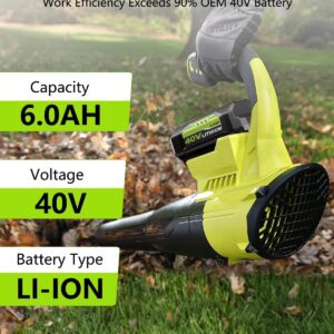 Upgraded 6.0Ah OP4026 Replacement for Ryobi 40V Battery OP40501 OP40602 OP4040 OP40401 6000mAh High Capacity 40 Volt Lithium-Ion Batteries Perfectly Compatible with Ryobi 40 V Power Tools & Charger